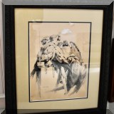 A32. Framed macaws print. 28”h x 24”w 